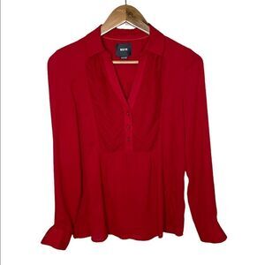 Anthropologie Maeve Red V Neck Long Sleeve Button Front Popover Blouse
